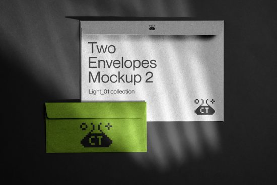 Envelope mockup design in green and grayscale showcasing branding with shadows on textured background for graphic designers.